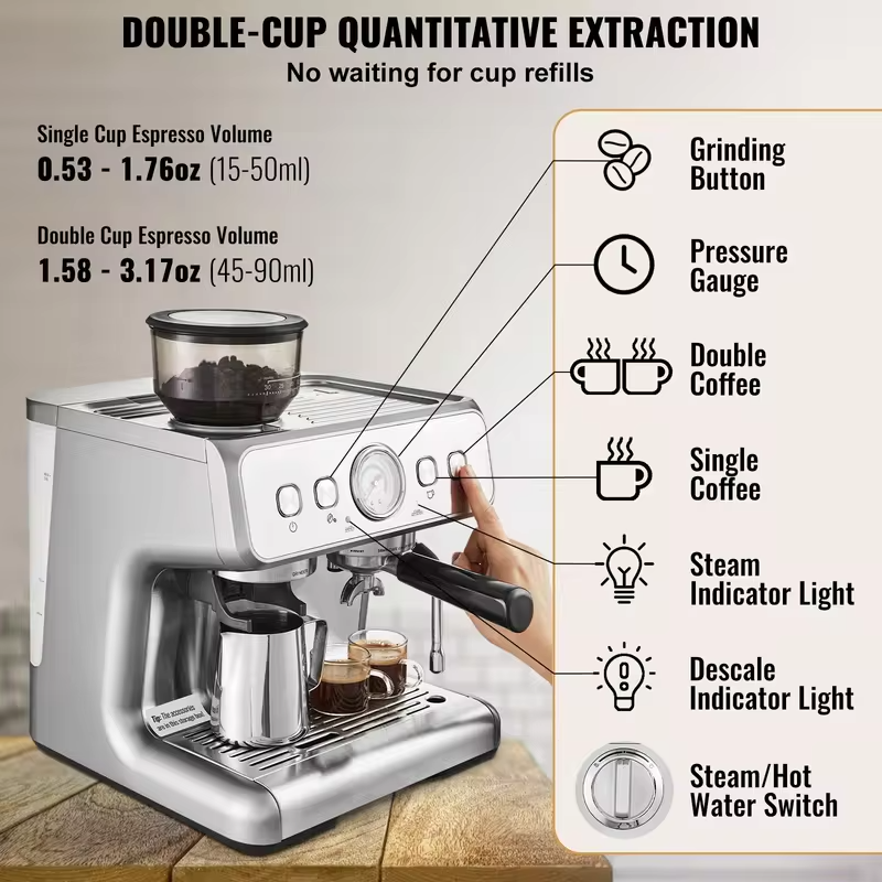 Espresso Machine with Grinder 15 Bar Semi Automatic Espresso Coffee Maker