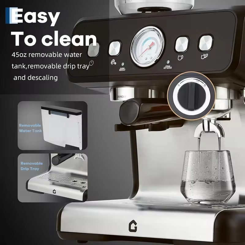 Stainless Steel Espresso Machine with Grinder 20 Bar ＆ 2.8l Removable Tank