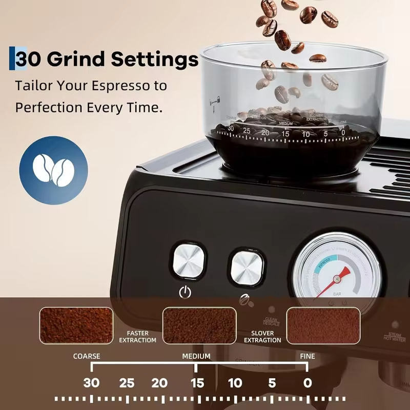 Stainless Steel Espresso Machine with Grinder 20 Bar ＆ 2.8l Removable Tank