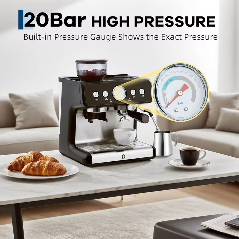 Stainless Steel Espresso Machine with Grinder 20 Bar ＆ 2.8l Removable Tank