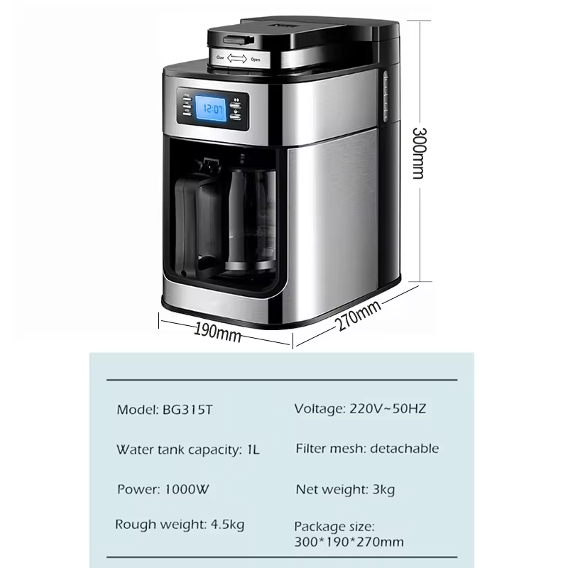 Fully Automatic American Coffee Machine，Coffee Beans Or Powder Can Be Used，Electric Grinding Drip Coffee Machine 2-in-1