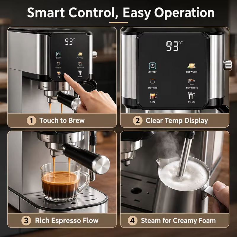 SIHAO 20Bar Touch Screen Espresso Machine Stainless Steel Coffee Maker with Milk Frother Touch Screen BPA-Free & Easy Clean