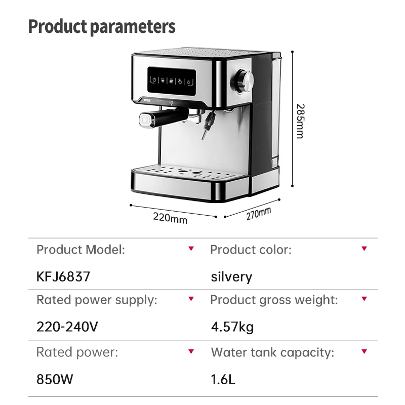 20 bar semi-automatic espresso machine,adjustable portion size,touchscreen control,stainless steel housing