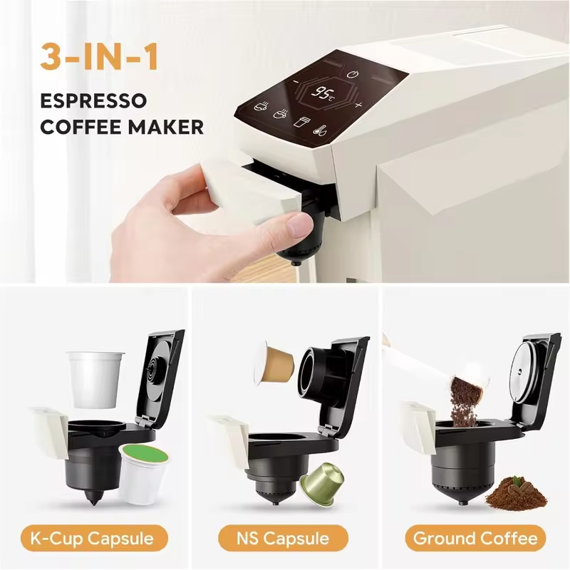icafilas 3 in 1  Capsule Coffee Machine ME2406 Small Size Fit Dolce gusto Nespresso Capsule Ground Coffee 19Bar Hot/Cold