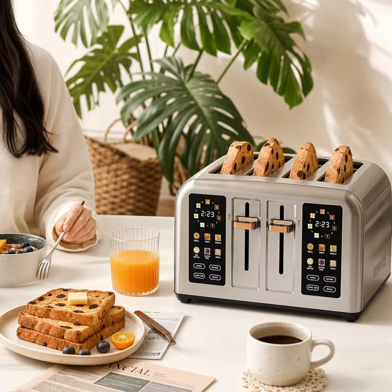 Intelligent Toaster with 4 Pieces Stainless Steel 2 Movable Breadcrumb Trays Digital Timer 1.5-Inch Groove 1800W for 6 Bread Types 7 Tone Settings Silver/Dark Metallic Paint