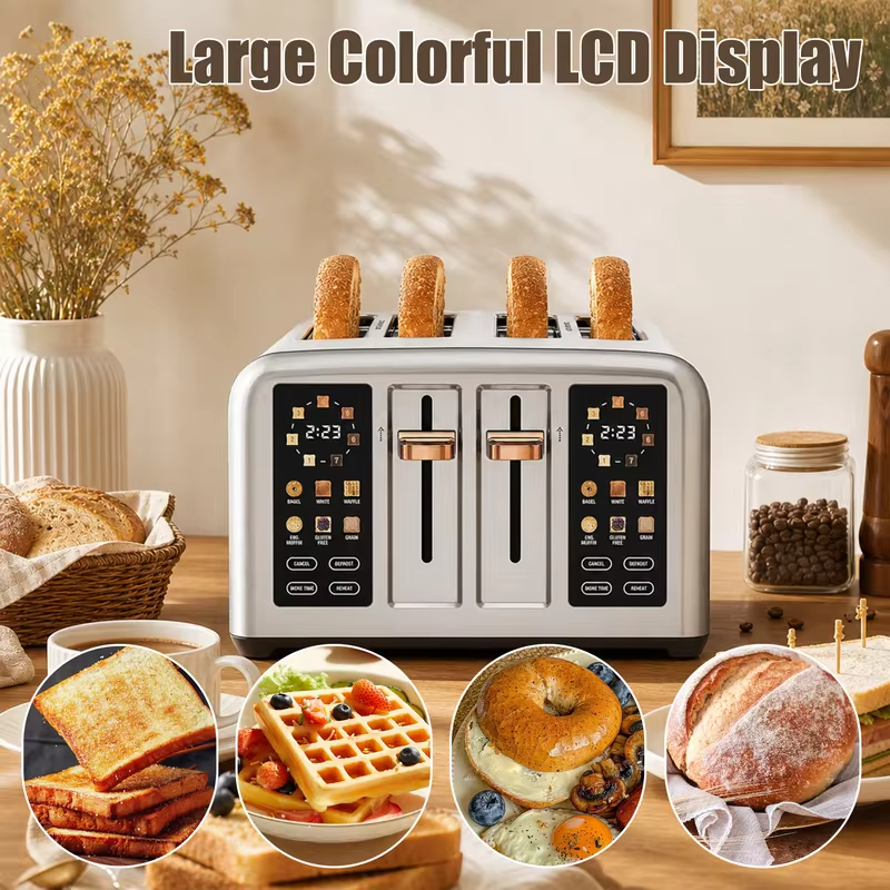 Intelligent Toaster with 4 Pieces Stainless Steel 2 Movable Breadcrumb Trays Digital Timer 1.5-Inch Groove 1800W for 6 Bread Types 7 Tone Settings Silver/Dark Metallic Paint
