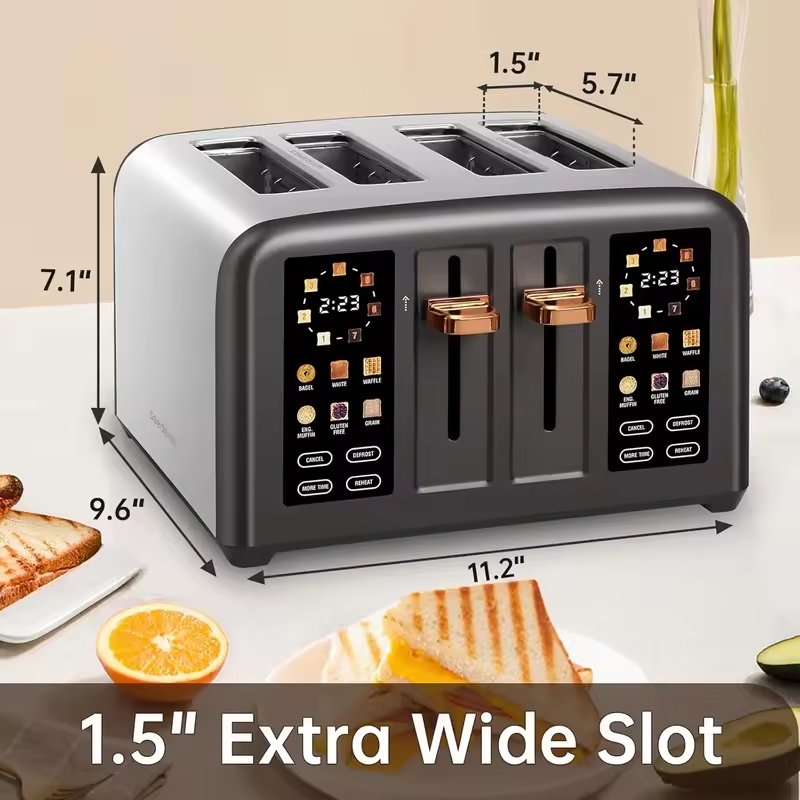 Intelligent Toaster with 4 Pieces Stainless Steel 2 Movable Breadcrumb Trays Digital Timer 1.5-Inch Groove 1800W for 6 Bread Types 7 Tone Settings Silver/Dark Metallic Paint