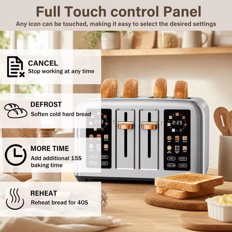 Intelligent Toaster with 4 Pieces Stainless Steel 2 Movable Breadcrumb Trays Digital Timer 1.5-Inch Groove 1800W for 6 Bread Types 7 Tone Settings Silver/Dark Metallic Paint