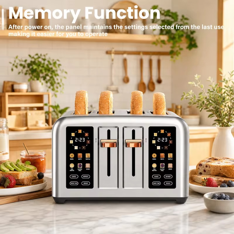 Intelligent Toaster with 4 Pieces Stainless Steel 2 Movable Breadcrumb Trays Digital Timer 1.5-Inch Groove 1800W for 6 Bread Types 7 Tone Settings Silver/Dark Metallic Paint
