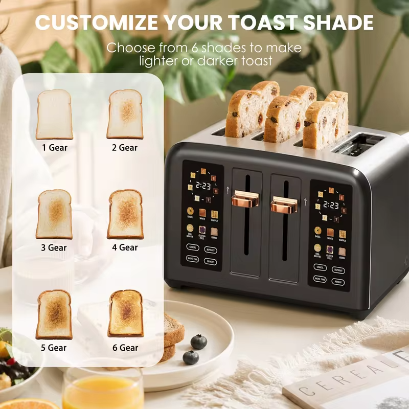 Intelligent Toaster with 4 Pieces Stainless Steel 2 Movable Breadcrumb Trays Digital Timer 1.5-Inch Groove 1800W for 6 Bread Types 7 Tone Settings Silver/Dark Metallic Paint