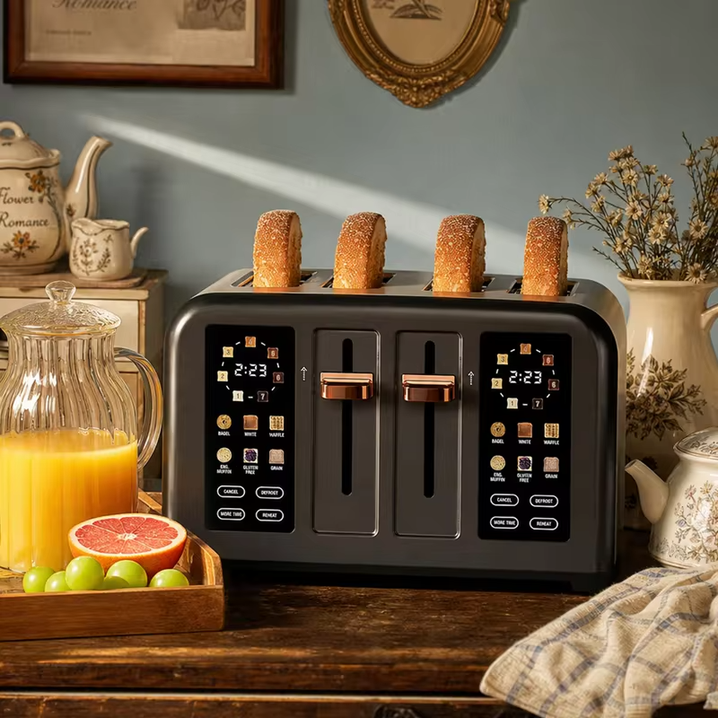 Intelligent Toaster with 4 Pieces Stainless Steel 2 Movable Breadcrumb Trays Digital Timer 1.5-Inch Groove 1800W for 6 Bread Types 7 Tone Settings Silver/Dark Metallic Paint