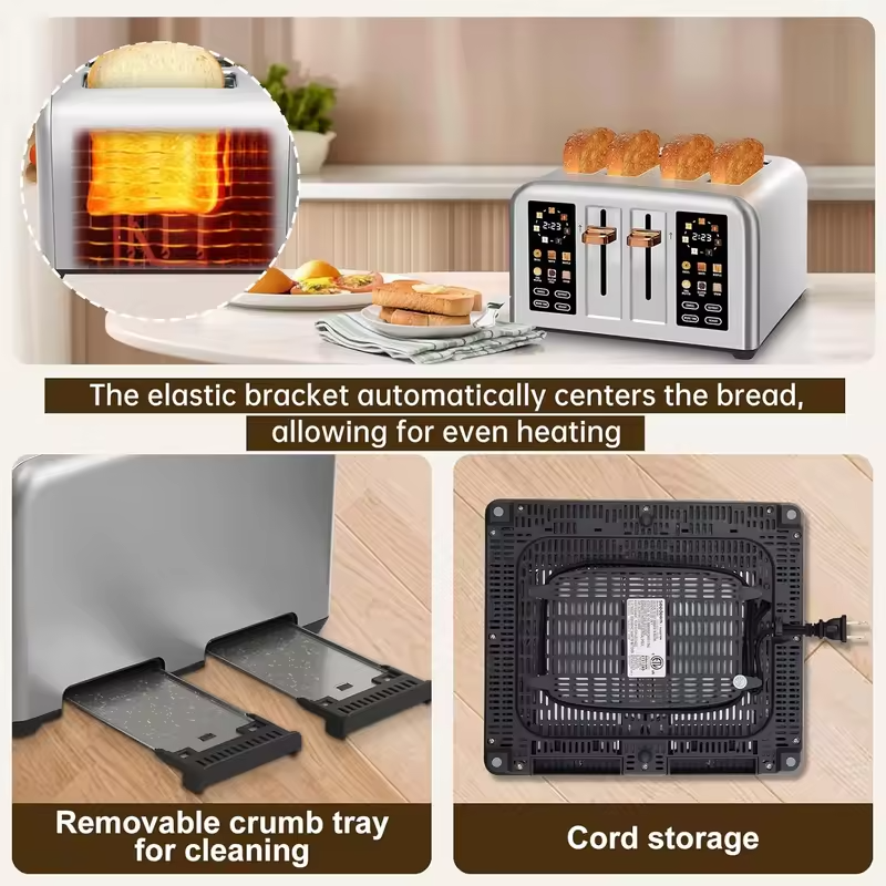 Intelligent Toaster with 4 Pieces Stainless Steel 2 Movable Breadcrumb Trays Digital Timer 1.5-Inch Groove 1800W for 6 Bread Types 7 Tone Settings Silver/Dark Metallic Paint