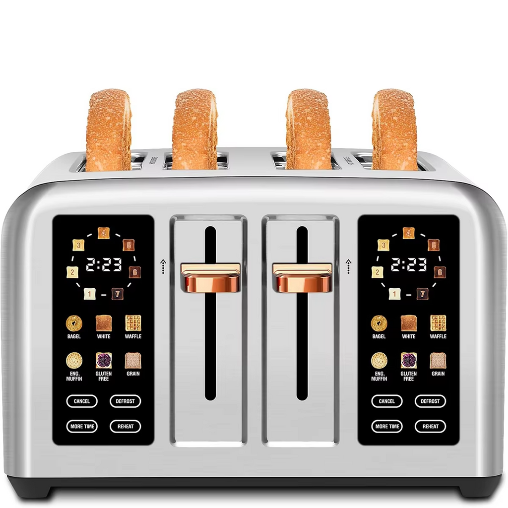 Intelligent Toaster with 4 Pieces Stainless Steel 2 Movable Breadcrumb Trays Digital Timer 1.5-Inch Groove 1800W for 6 Bread Types 7 Tone Settings Silver/Dark Metallic Paint