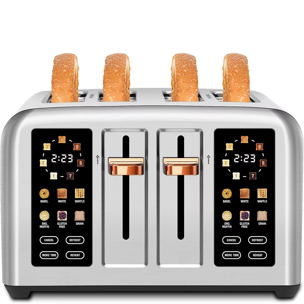 Intelligent Toaster with 4 Pieces Stainless Steel 2 Movable Breadcrumb Trays Digital Timer 1.5-Inch Groove 1800W for 6 Bread Types 7 Tone Settings Silver/Dark Metallic Paint