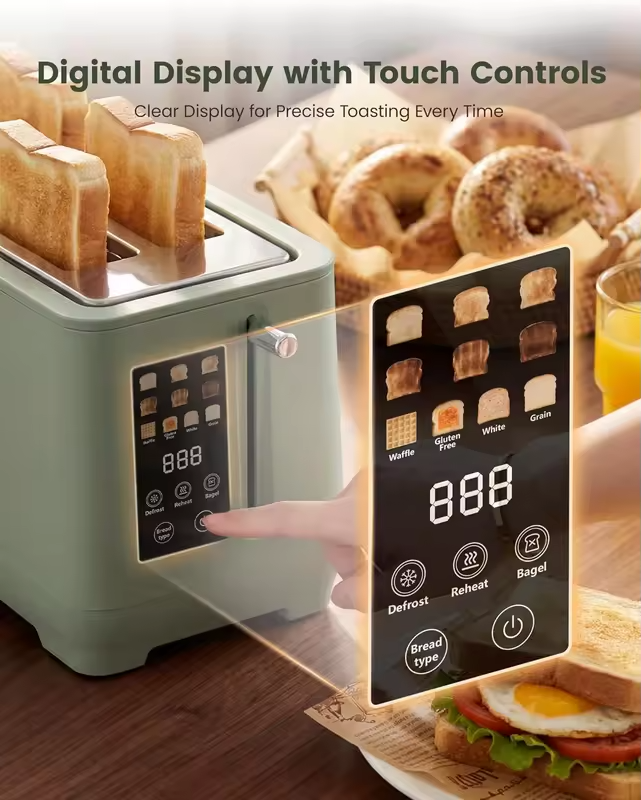 4 Slice Toaster, Long Slot Touch Screen Retro Toaster with Digital Countdown, Extra-Wide Slots for