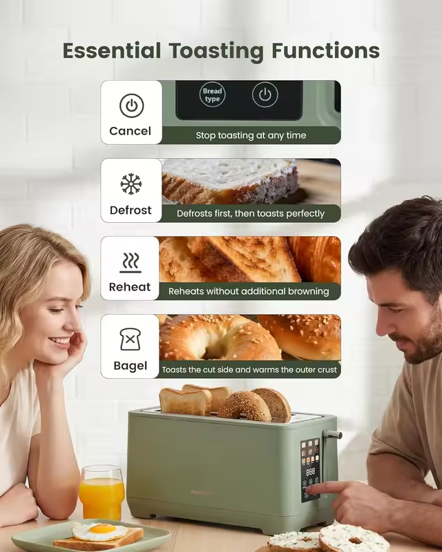 4 Slice Toaster, Long Slot Touch Screen Retro Toaster with Digital Countdown, Extra-Wide Slots for