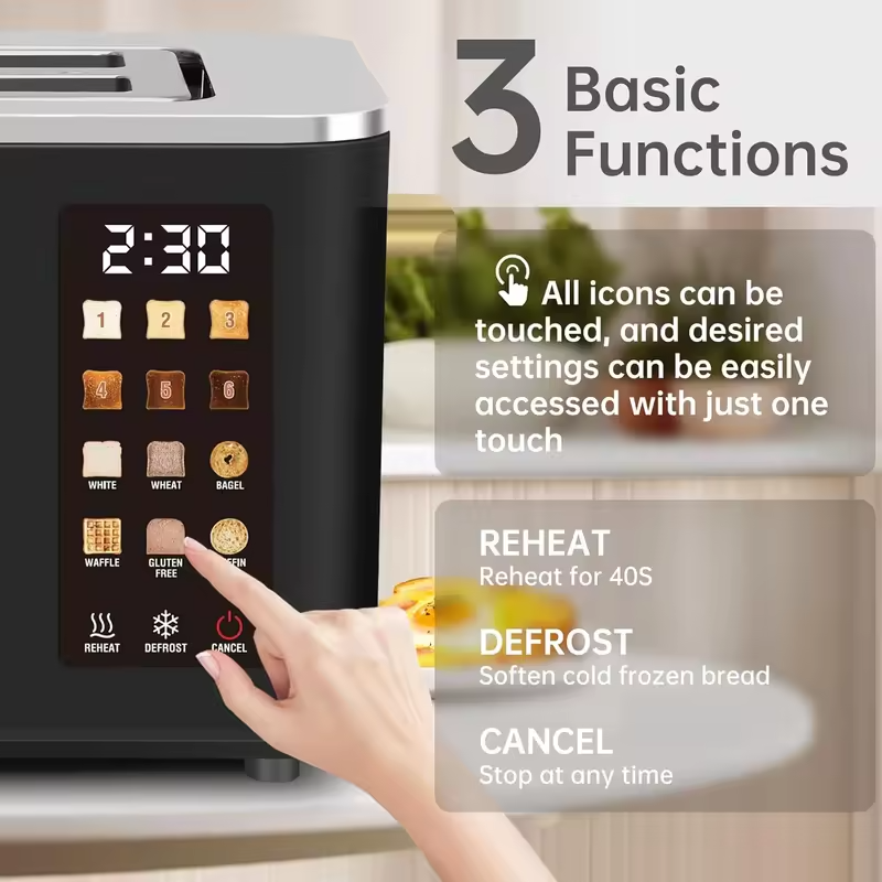 Toaster 2 Slice, Touch Control Screen, Smart Stainless Toaster, 6 Shade Setting, 6 Bread Selection, Countdown, Removable Crumb Tray, 900W,Household Appliances