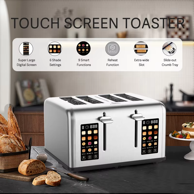Large Digital Screen Bread Toaster 4 Slice and Touch Control Electric 9 Smart Functions Toaster