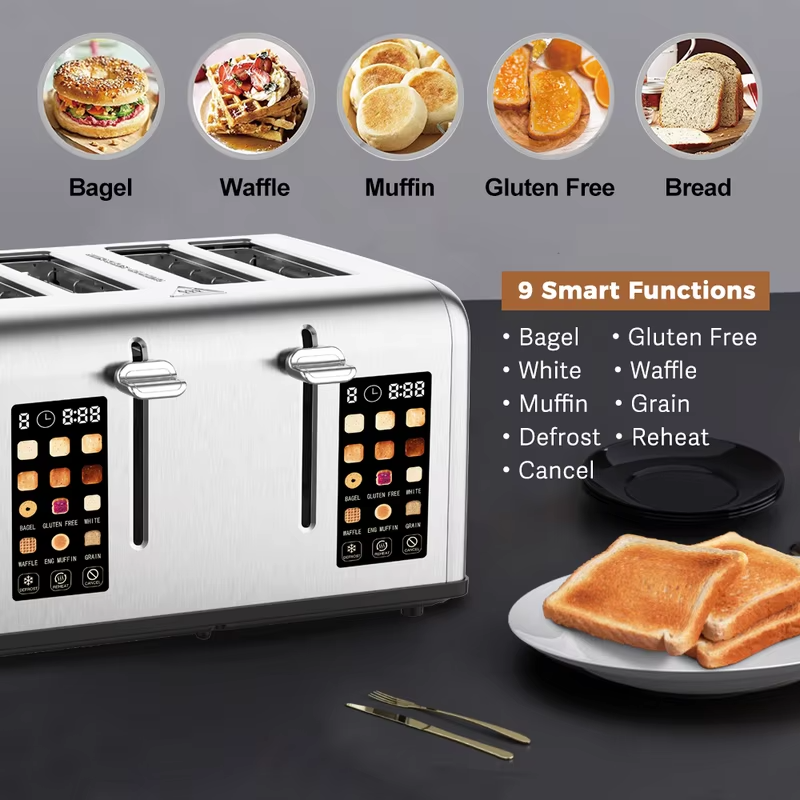 Large Digital Screen Bread Toaster 4 Slice and Touch Control Electric 9 Smart Functions Toaster