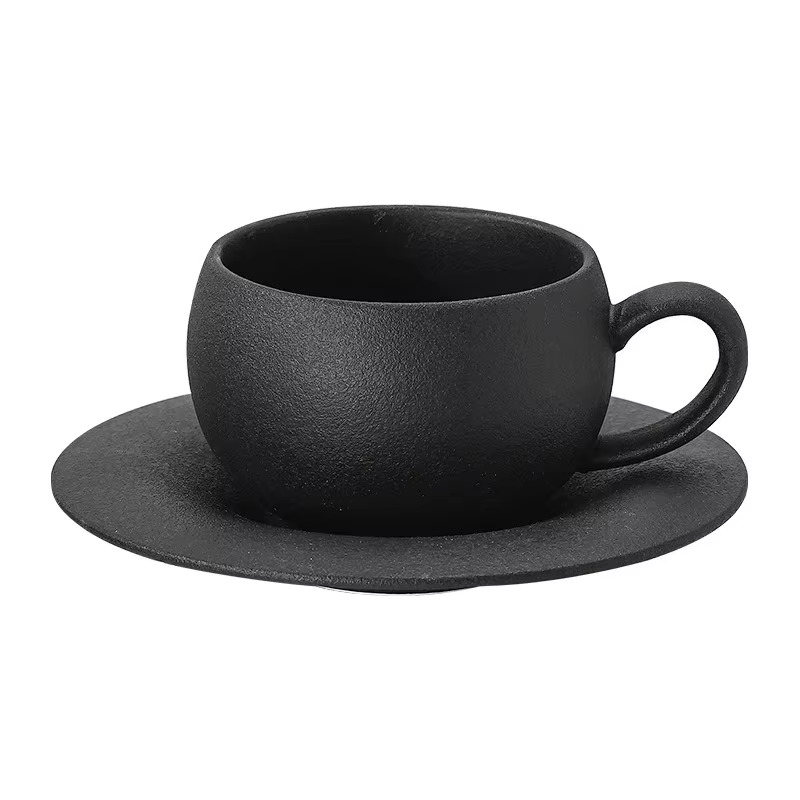 110/280ml Japanese-style Ceramic Mug Black White Fired Stone Coffee Cup and Saucer Set Breakfast Milk Coffee Cup Egg-shaped Mug