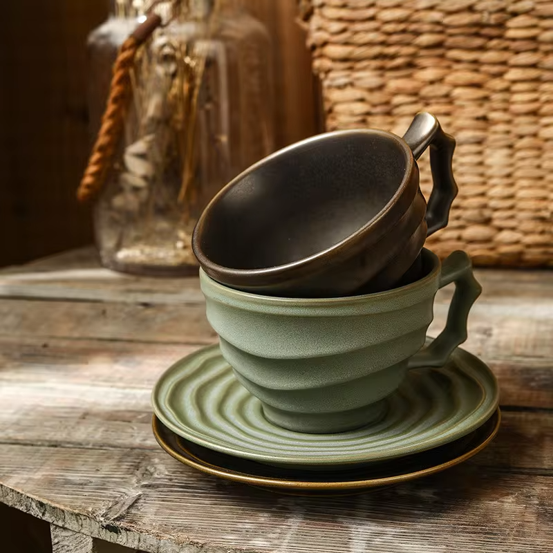 JUSTINLAU Niche Japanese Style Rough Pottery Kiln Transformed Mug Texture Pattern Large Capacity Retro Ceramic Cups and Plates