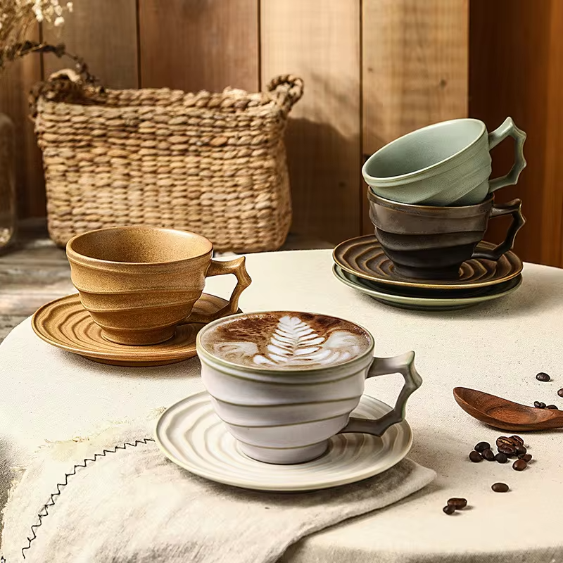 JUSTINLAU Niche Japanese Style Rough Pottery Kiln Transformed Mug Texture Pattern Large Capacity Retro Ceramic Cups and Plates