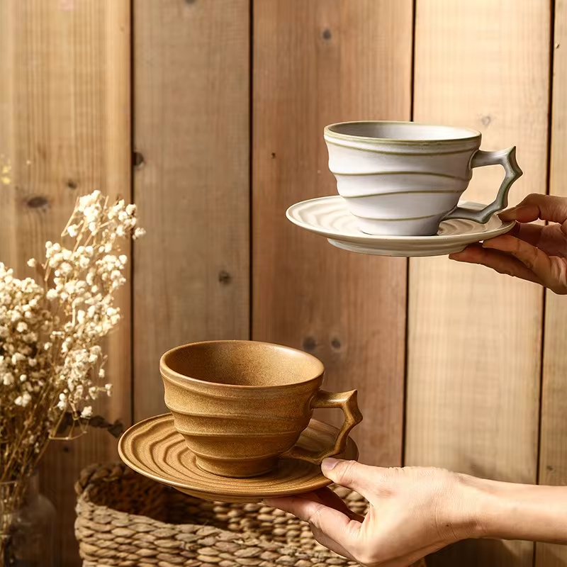 JUSTINLAU Niche Japanese Style Rough Pottery Kiln Transformed Mug Texture Pattern Large Capacity Retro Ceramic Cups and Plates