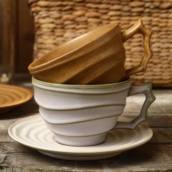 JUSTINLAU Niche Japanese Style Rough Pottery Kiln Transformed Mug Texture Pattern Large Capacity Retro Ceramic Cups and Plates