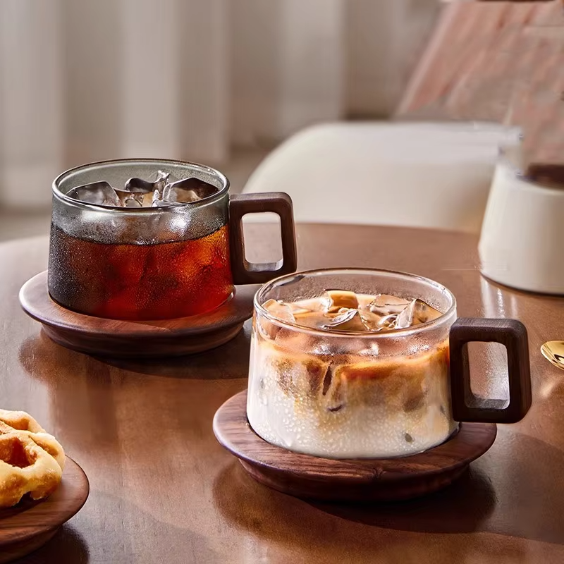 Wood Handle Coffee Mug With Spoon 200ml Glass Espresso Cup With Coaster Home Milk Teacup Ground Latte Cup With Saucer Set