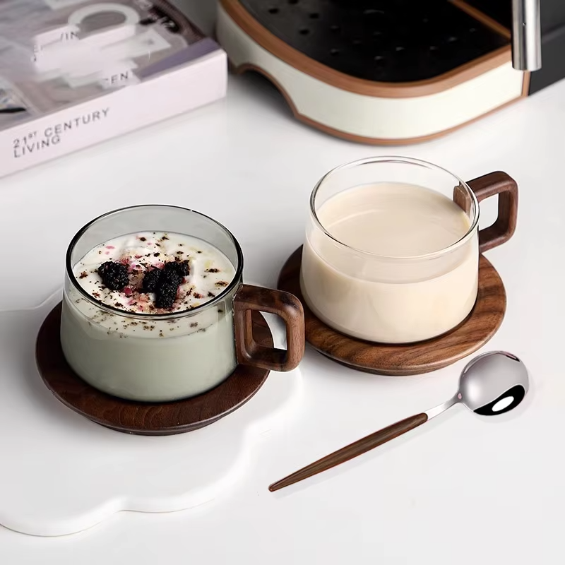 Wood Handle Coffee Mug With Spoon 200ml Glass Espresso Cup With Coaster Home Milk Teacup Ground Latte Cup With Saucer Set
