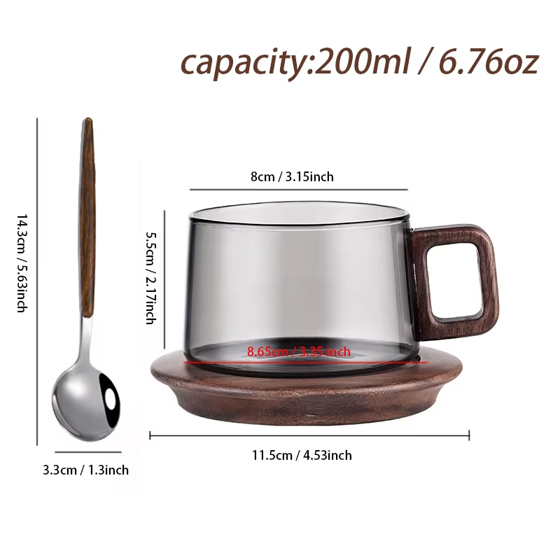 Wood Handle Coffee Mug With Spoon 200ml Glass Espresso Cup With Coaster Home Milk Teacup Ground Latte Cup With Saucer Set