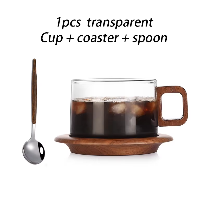 Wood Handle Coffee Mug With Spoon 200ml Glass Espresso Cup With Coaster Home Milk Teacup Ground Latte Cup With Saucer Set