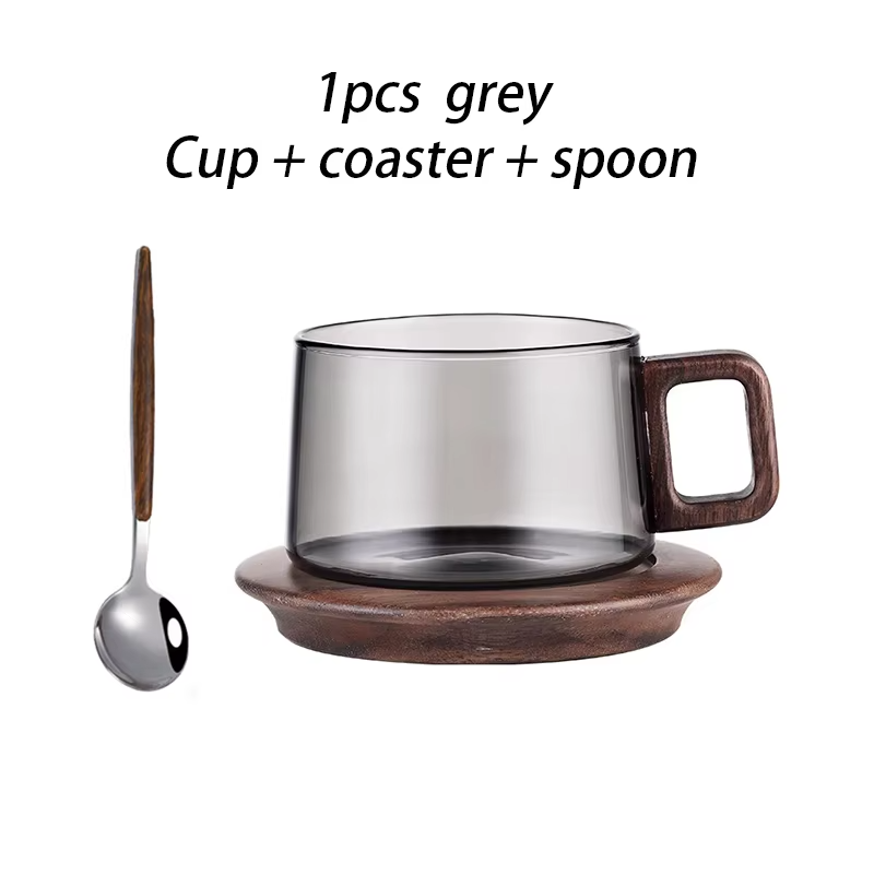 Wood Handle Coffee Mug With Spoon 200ml Glass Espresso Cup With Coaster Home Milk Teacup Ground Latte Cup With Saucer Set