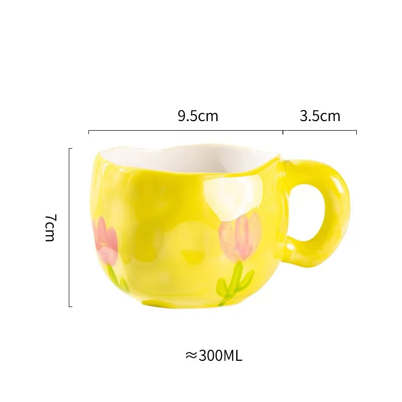 300ML Korean Style Hand Pinched Irregular Ceramic mug Hand-painted Flower Heart Coffee Cup Breakfast Milk Afternoon tea cup Gift