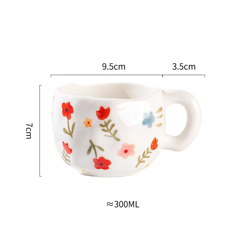 300ML Korean Style Hand Pinched Irregular Ceramic mug Hand-painted Flower Heart Coffee Cup Breakfast Milk Afternoon tea cup Gift