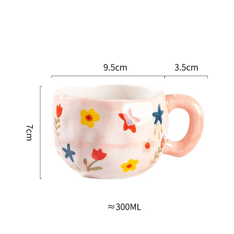 300ML Korean Style Hand Pinched Irregular Ceramic mug Hand-painted Flower Heart Coffee Cup Breakfast Milk Afternoon tea cup Gift