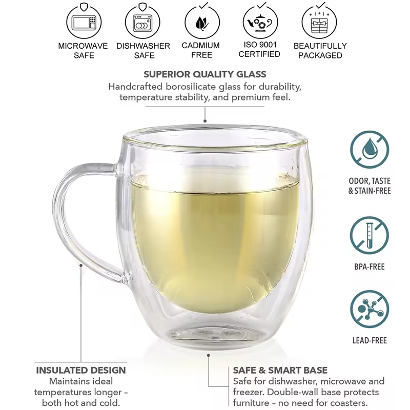 1pack 250/350/450ml Glass Coffee Mug with Handle Double-Walled Glass Cup For Cold or Hot Water Juice Milk Coffee Whiskey