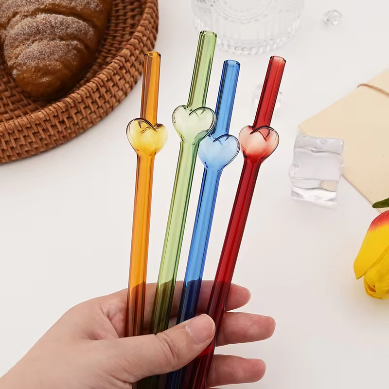 3Pcs Reusable Glass Straw with Brush Multicolored Heart-shaped Straws Set Suitable for Milkshakes Juices Coffee Bar Accessories