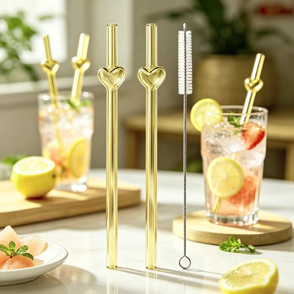 3Pcs Reusable Glass Straw with Brush Multicolored Heart-shaped Straws Set Suitable for Milkshakes Juices Coffee Bar Accessories