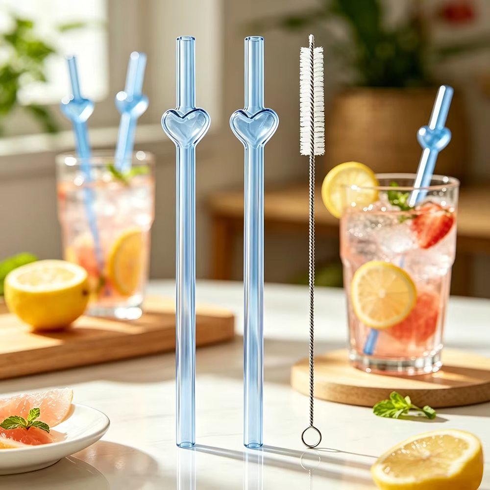 3Pcs Reusable Glass Straw with Brush Multicolored Heart-shaped Straws Set Suitable for Milkshakes Juices Coffee Bar Accessories