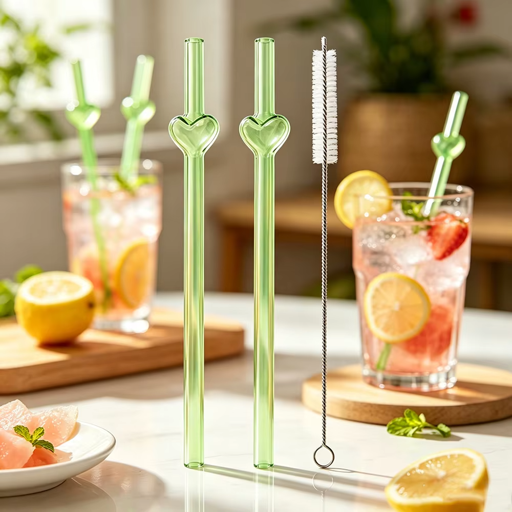 3Pcs Reusable Glass Straw with Brush Multicolored Heart-shaped Straws Set Suitable for Milkshakes Juices Coffee Bar Accessories