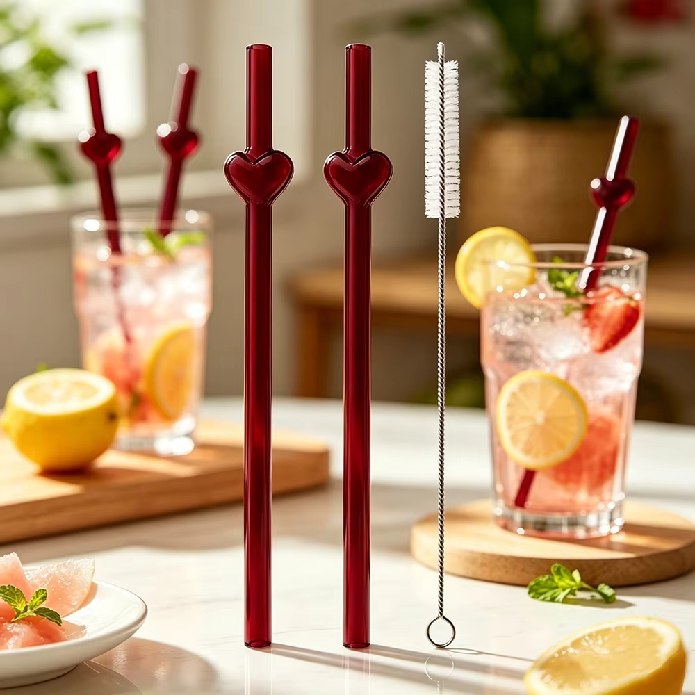 3Pcs Reusable Glass Straw with Brush Multicolored Heart-shaped Straws Set Suitable for Milkshakes Juices Coffee Bar Accessories